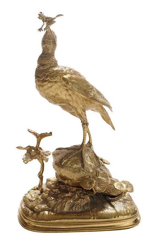 Untitled by Ferdinand Pautrot, gilt bronze figural group of a shorebird catching a frog and standing on a rock with plants on a naturalistic mound, offered Jul 2014