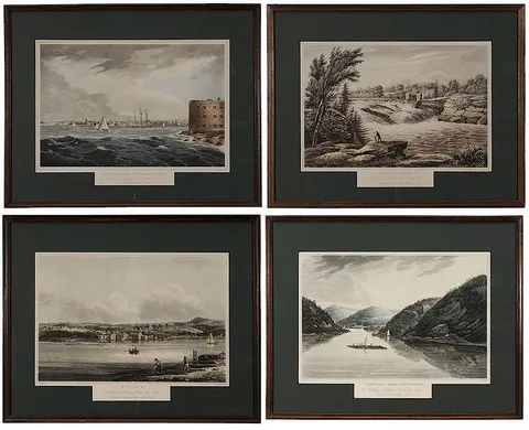 William Guy Wall, Four aquatints from [The Hudson River Portfolio], includes pl. 8 "Baker's Falls", pl.13 "Hudson", pl. 20 "New York, From Governor's Island", pl. 22 " View Near Fort Montgomery, 1821-1825, hand-colored aquatint and engraving on paper