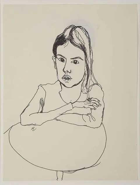 Alice Neel, Untitled (Young Girl Sitting at a Table), black ink with gouache on cream paper