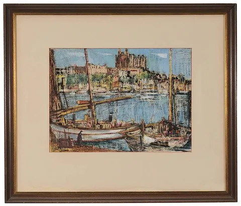 Philip Anthony Moose, Boats Moored in a Harbor, mixed media on paper