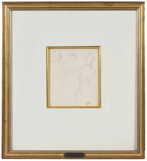 Trois Femmes by Camille Pissarro, graphite on wove sketchbook paper with two ring holes, sold May 2026