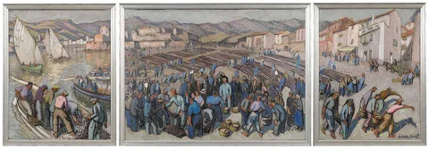 Jacques Martin-Ferrieres Triptych, Collioure, a busy port with fishermen unloading their catch and mending nets, 1933, oil on coarse linen