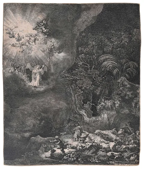 Rembrandt, Angel Appearing to the Shepherds, circa 1634, etching