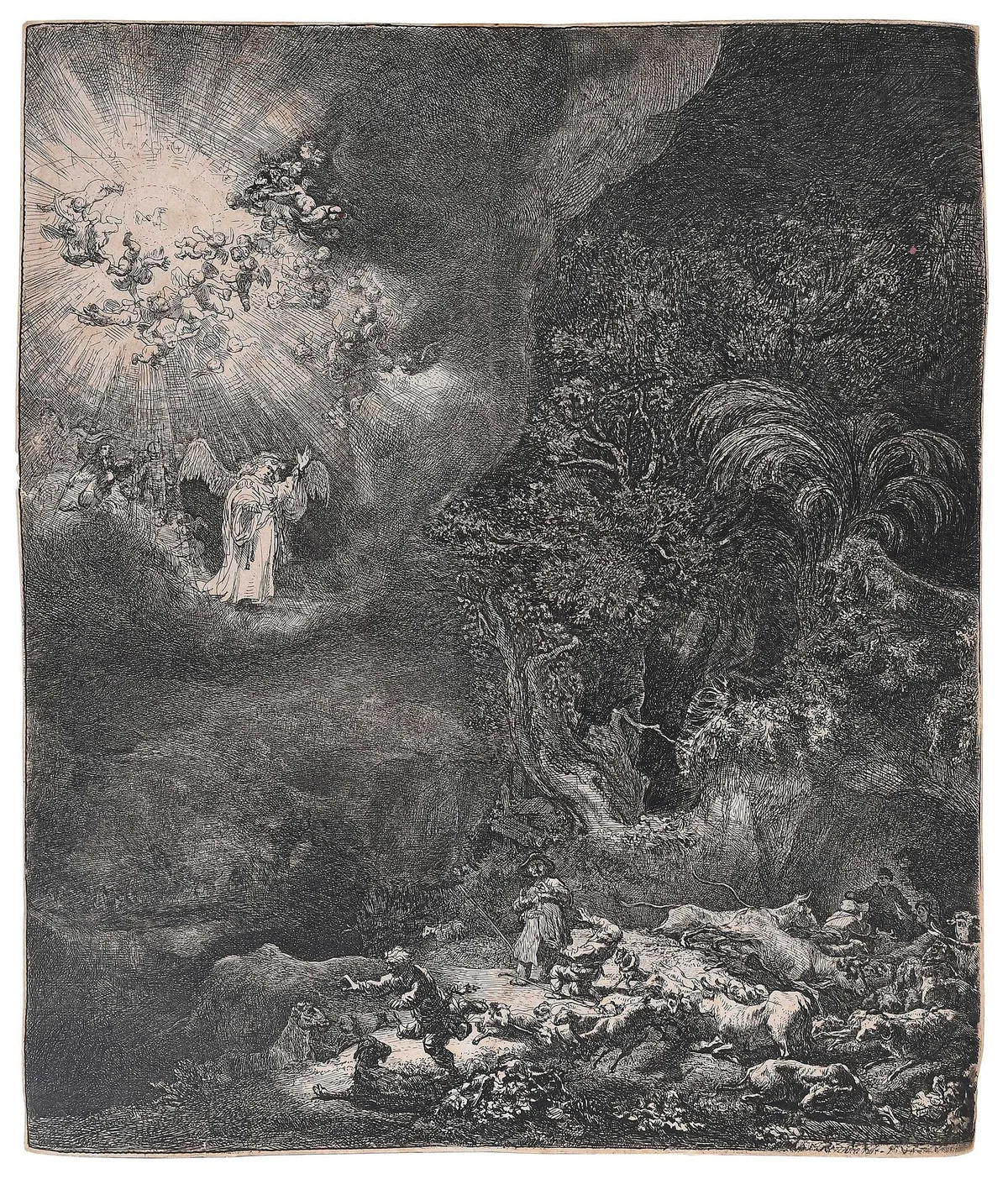 Rembrandt, Angel Appearing to the Shepherds, circa 1634, etching