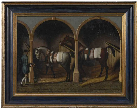 Horses in a Stable, after the original painting painted circa 1740 held by The Higgins Bedford, Bedford, England or the engraving by Thomas Burford (1710-1752), possibly an 18th/early 19th century copy by James Seymour, oil on canvas, sold Feb 2026