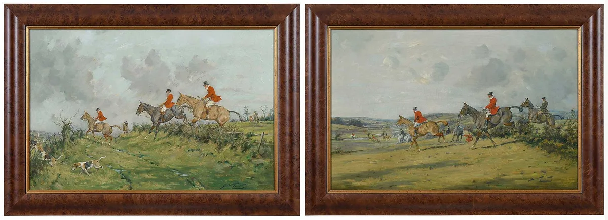 A Pair of Fox Hunting Scenes by George Wright, oil on canvas, sold Feb 2026