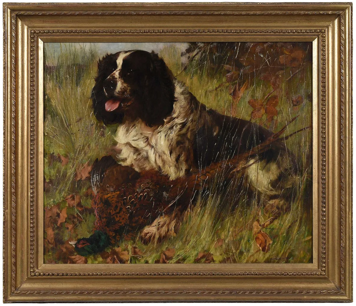 Spaniel with a Pheasant by Arthur Wardle, oil on canvas, sold Feb 2026