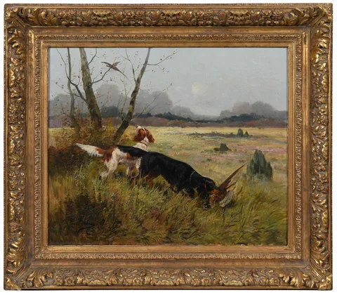 Eugene Joseph Constant Pierre Petit, Setters Flushing and Retrieving Pheasants, oil on canvas