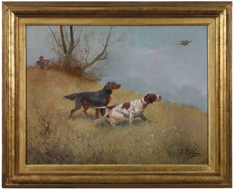 Eugene Joseph Constant Pierre Petit, Hunter with Pointer and Setter Flushing a Pheasant, oil on canvas
