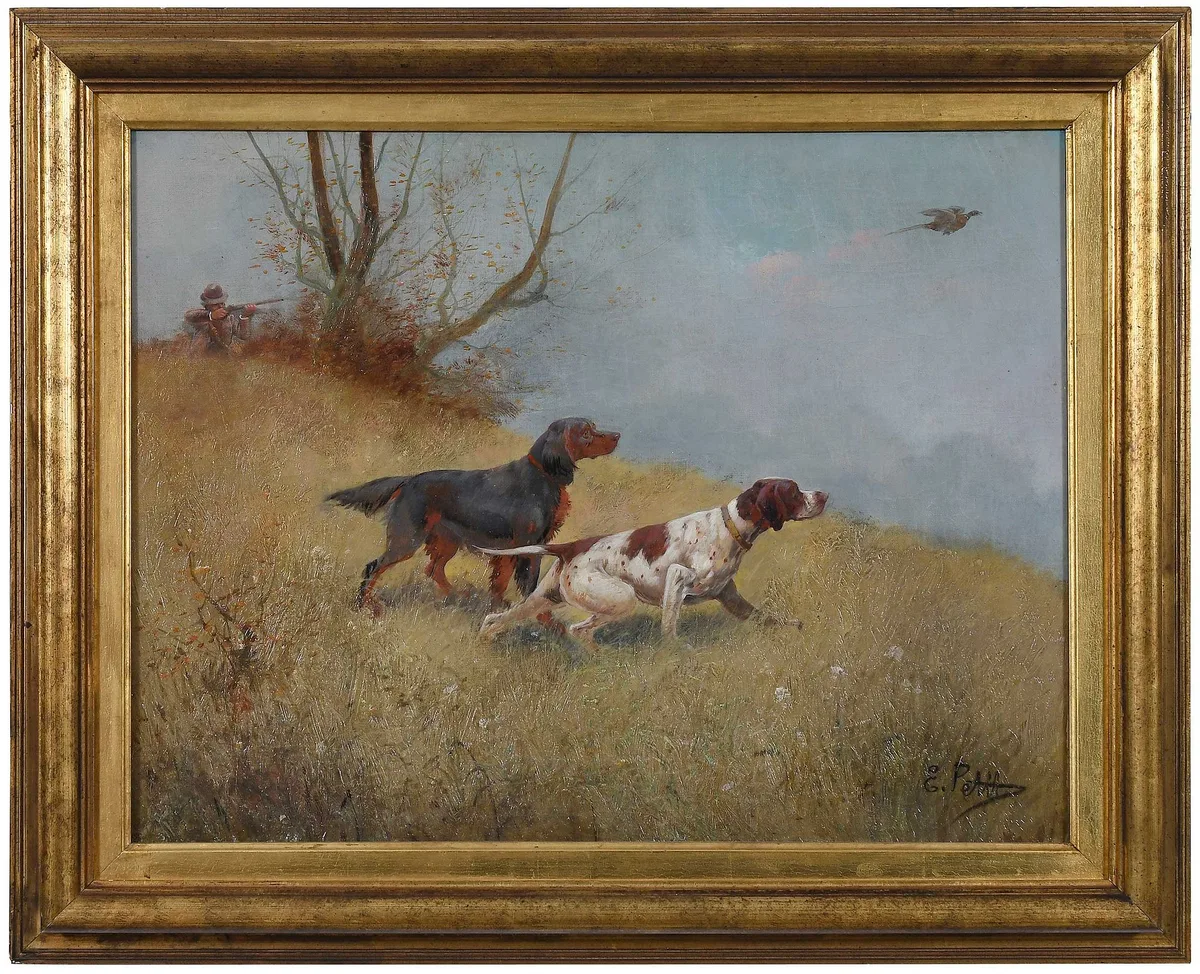 Hunter with Pointer and Setter Flushing a Pheasant by Eugene Joseph Constant Pierre Petit, oil on canvas, sold Feb 2026
