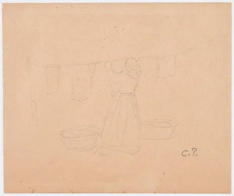 Camille Pissarro, Woman Hanging Laundry, pencil on buff paper