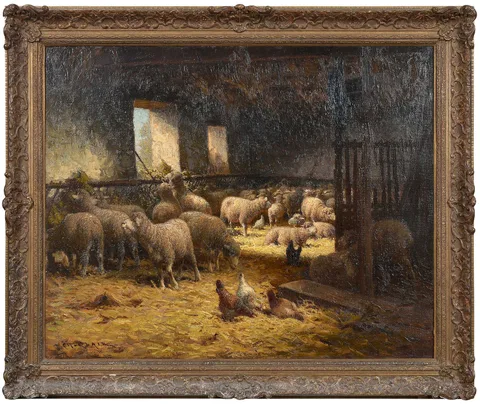 Charles Clair, A Sunlit Sheepcote, oil on canvas