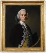 Allan Ramsay, Sir John Peachey (1720-1765), 3rd Baronet, West Dean, Sussex, wearing a silver brocaded plum velvet coat and yellow waistcoat, and holding a tricorn hat under his proper left arm, presented half-length in a feigned oval