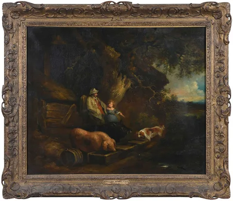 George Morland, Rustics Feeding the Pigs, bearing signature on wood structure left "G. Morland", 19th century copy possibly after the engraving, oil on canvas