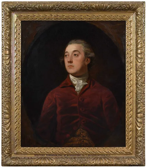 Gainsborough Dupont, A gentleman in a red jacket looking left, in a brief feigned oval, circa 1770s, oil on canvas