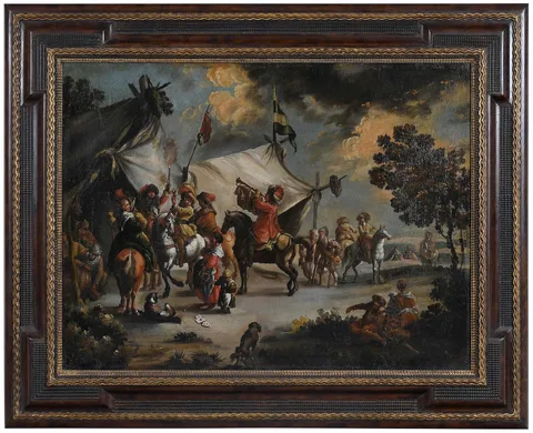 Philips Wouwerman, Cavalry and Merrymakers in an Encampment, oil on canvas
