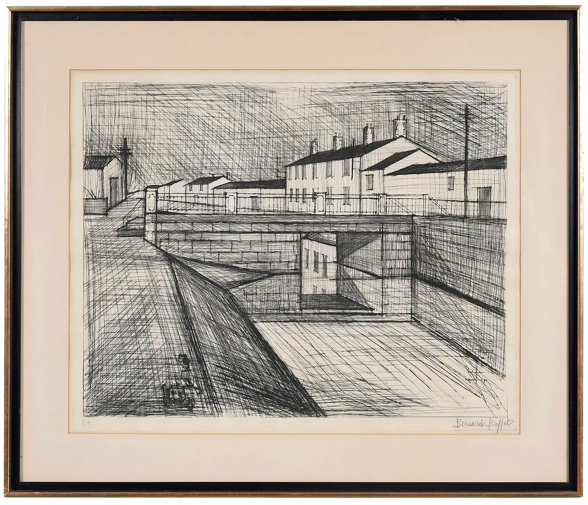 Bernard Buffet, Le Canal, 1955, drypoint etching on B.F. K. Rives paper