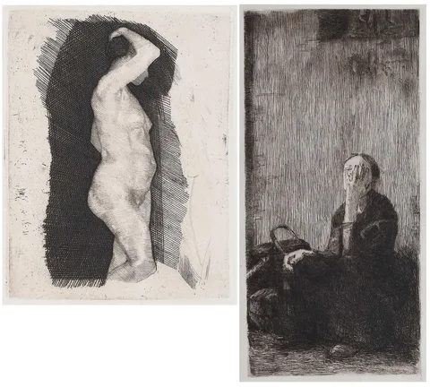 Two Prints by Käthe Kollwitz, 1900, drypoint etching on wove paper, sold Sep 2025