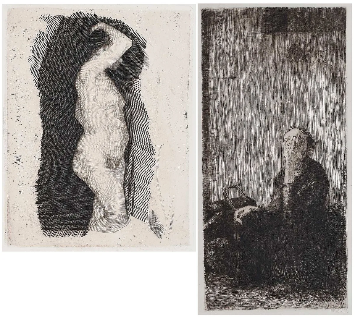 Two Prints by Käthe Kollwitz, 1900, drypoint etching on wove paper, sold Sep 2025