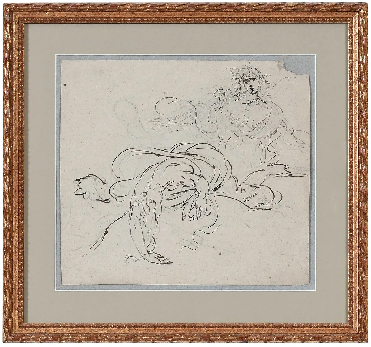 Raphael Lamar West, Judith with the Head of Holofernes, black chalk and brown ink on gray laid paper