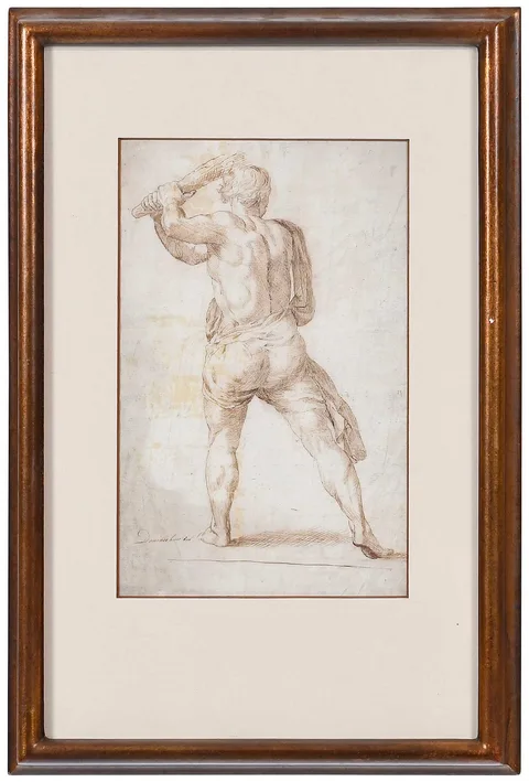 Domenichino, Male Flogger, brown ink on circa 1758 laid paper with crown