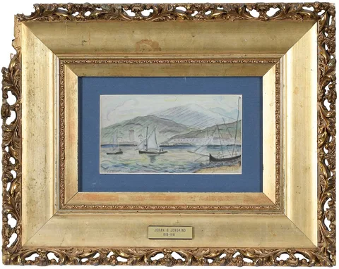 Johan Jongkind, Boats in a Harbor, 1880, watercolor on light blue/green paper