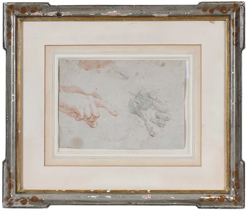 Guido Reni, Study of Hands, black and red chalk on fibrous blue laid paper