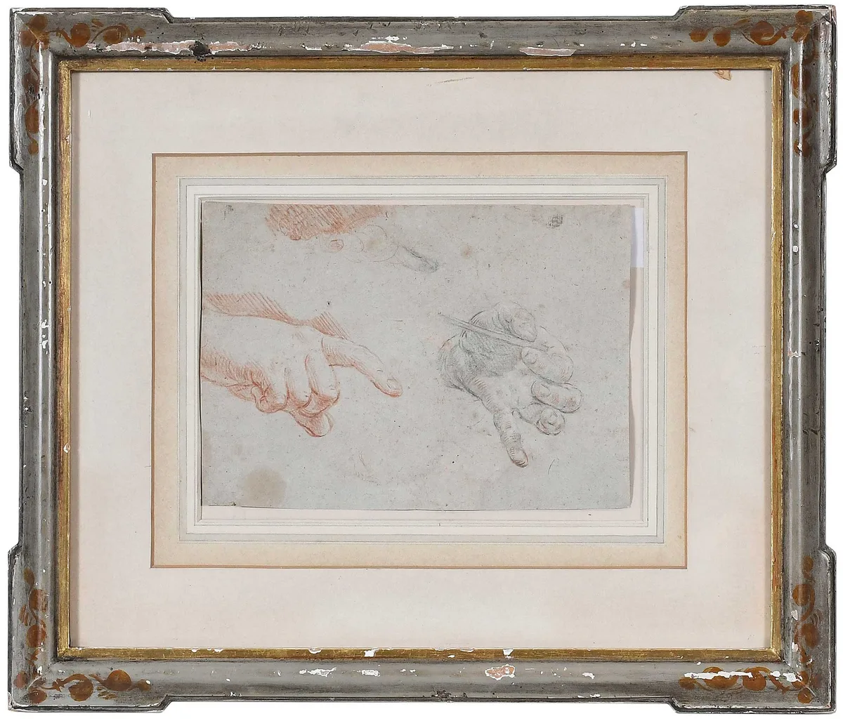Guido Reni, Study of Hands, black and red chalk on fibrous blue laid paper