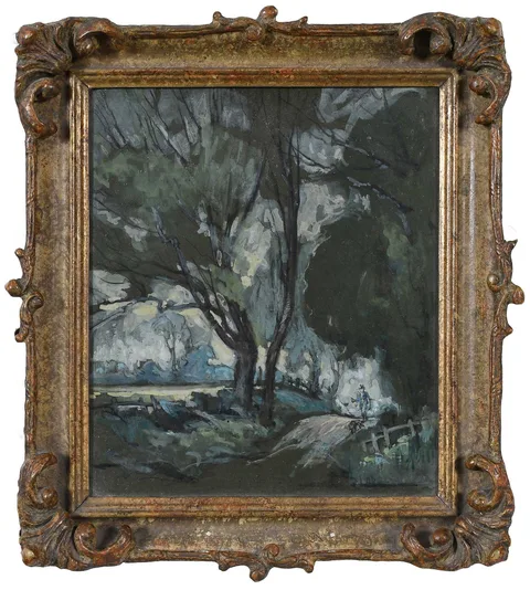 Henri Harpignies, Traveler on a Woodland Road, oil over pencil on board