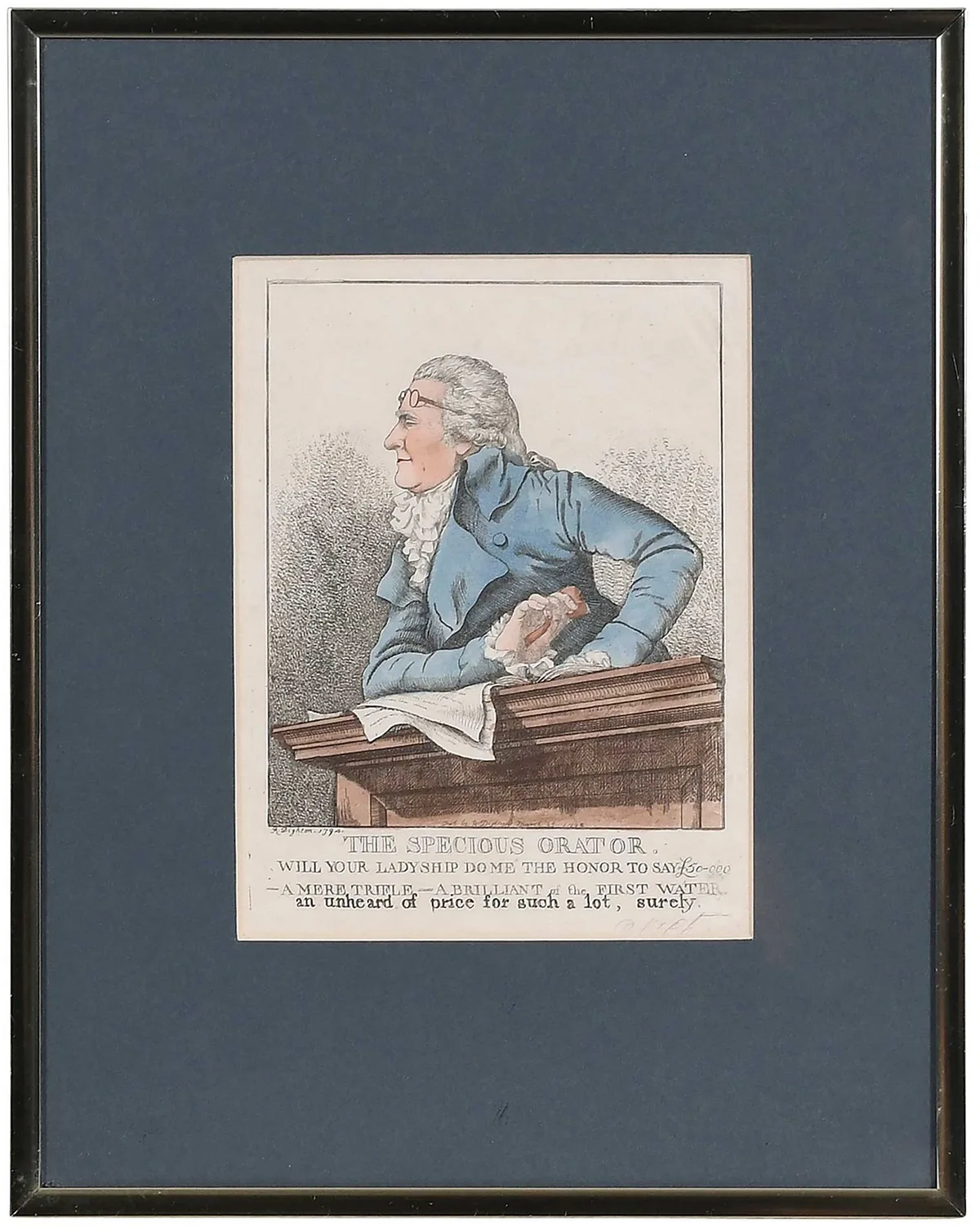 Robert Dighton, Auctioneer James Christie, hand colored etching on laid paper