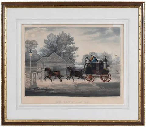 James Pollard, Mail Coach by Moonlight, 1829, hand-colored aquatint with gum arabic highlights