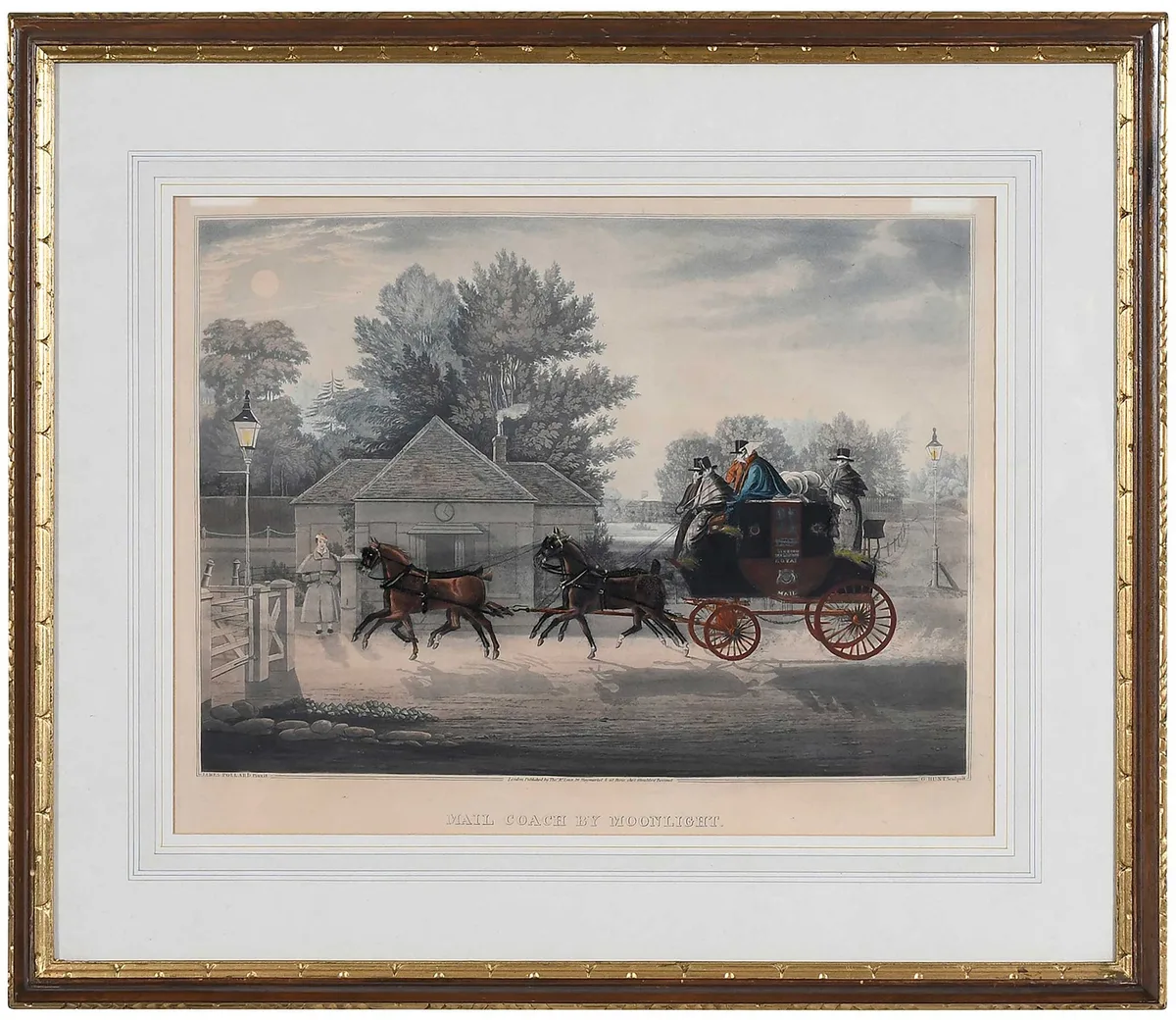 Mail Coach by Moonlight by James Pollard, 1829, hand-colored aquatint with gum arabic highlights, sold Sep 2024