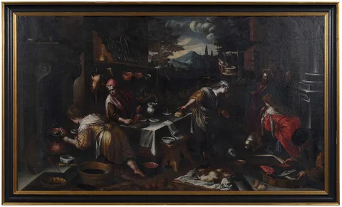 Jacopo dal Ponte Bassano, Christ in the House of Mary, Martha, and Lazarus, a reverse with some variations of the work painted in 1577, and held by the Museum of Fine Arts, Houston, oil on canvas
