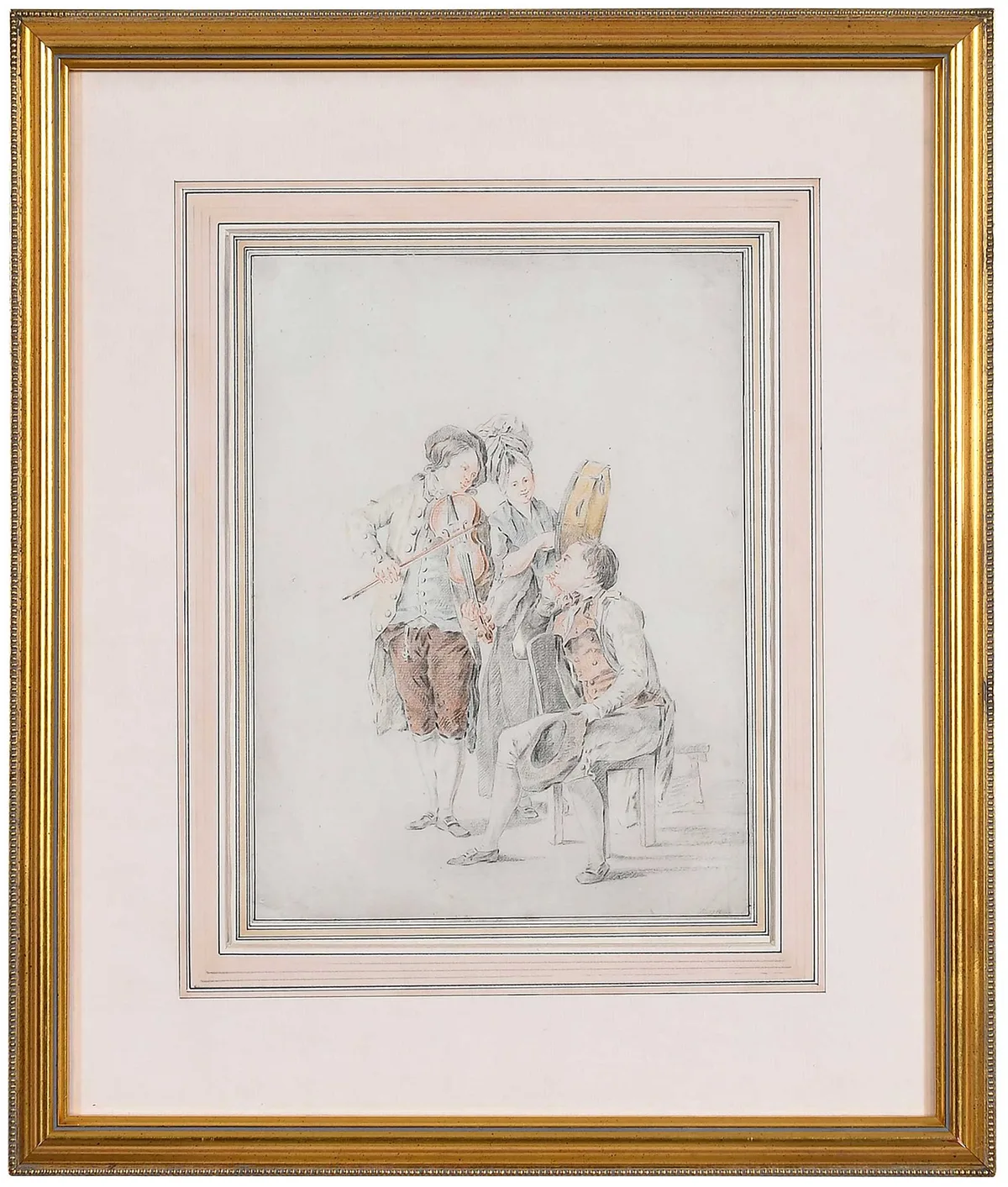 Musicians by French School, crayon and chalk on laid paper, sold Sep 2024