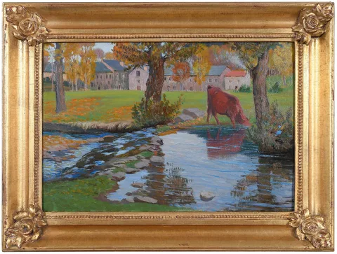 Cow Watering in a Stream by Gustave Poetzsch, oil on paperboard, sold Jun 2024