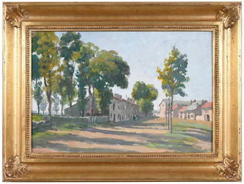 Village with Long Shadows by Gustave Poetzsch, 1925, oil on paperboard, sold Jun 2024