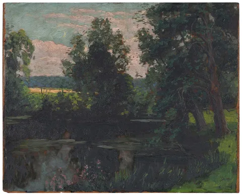 Hampdens Meadow by Rudolph Onslow-Ford, circa 1920s, oil on panel, sold May 2024