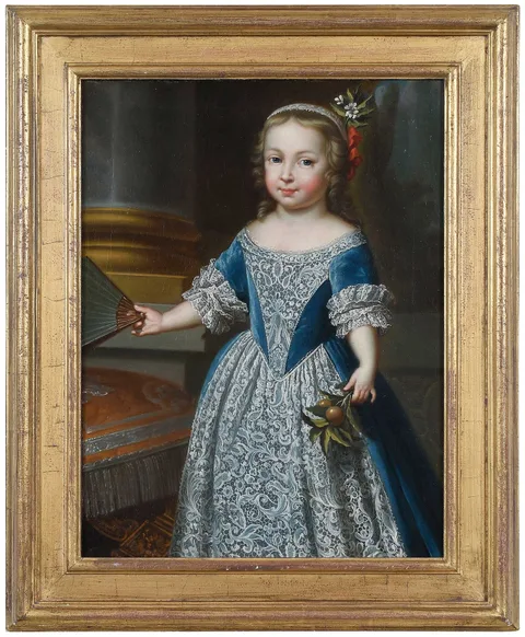 Pierre Gobert, Portrait of Young Girl in Blue Velvet Dress with Lace Trim, circa 1730s, old label attached verso with attribution to Sir Godfrey Kneller, oil on canvas