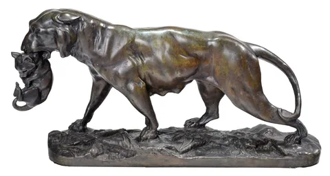 Tigress Carrying Cub by Antoine-Louis Barye, patinated bronze, sold Mar 2024