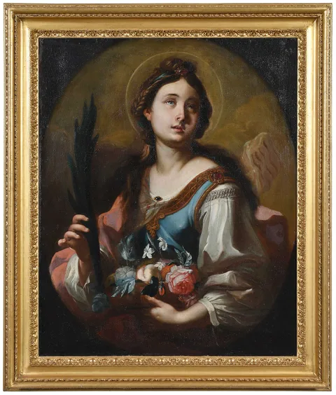 Carlo Dolci, Saint Dorothy of Caesarea, holding a basket of fruit and roses, oil on linen