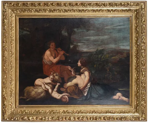 Andrea Camassei, Shepherd with Nymphs, oil on linen