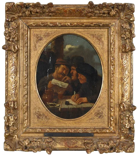 Joos van Craesbeeck, \r\n\r\nTwo Farmers with Letter Writer, oil on panel