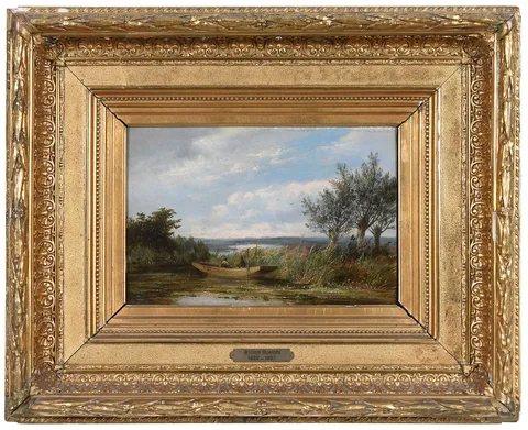 Willem Roelofs, Fishermen in a Boat in a Polder Landscape, oil on oak panel