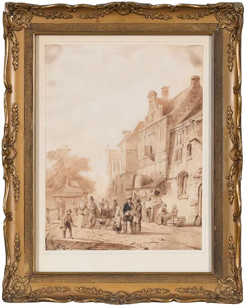 Cornelis Springer, Market Scene on City Street, ink and ink wash on paper