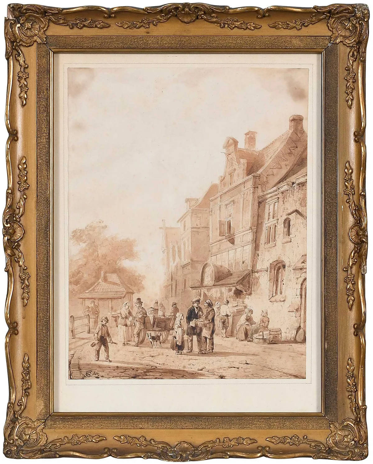 Cornelis Springer, Market Scene on City Street, ink and ink wash on paper