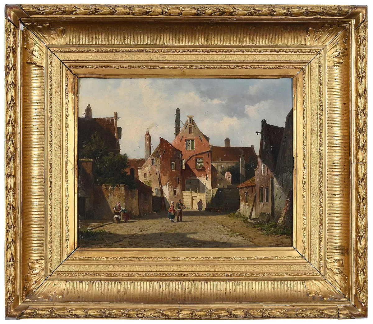 Town View with Figures by Adrianus Eversen, oil on panel, sold Mar 2024