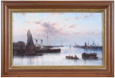 Theodore Alexander Weber, Peaceful Harbor at Dusk with moored paddle steamer and other boats, oil on canvas