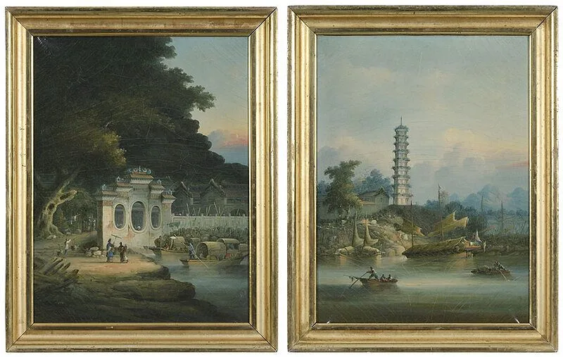 Namcheong, A pair: The Pagoda at Whampoa and Entrance to a Temple by the Water, each stamped verso "Namcheong Painter, oil on silk