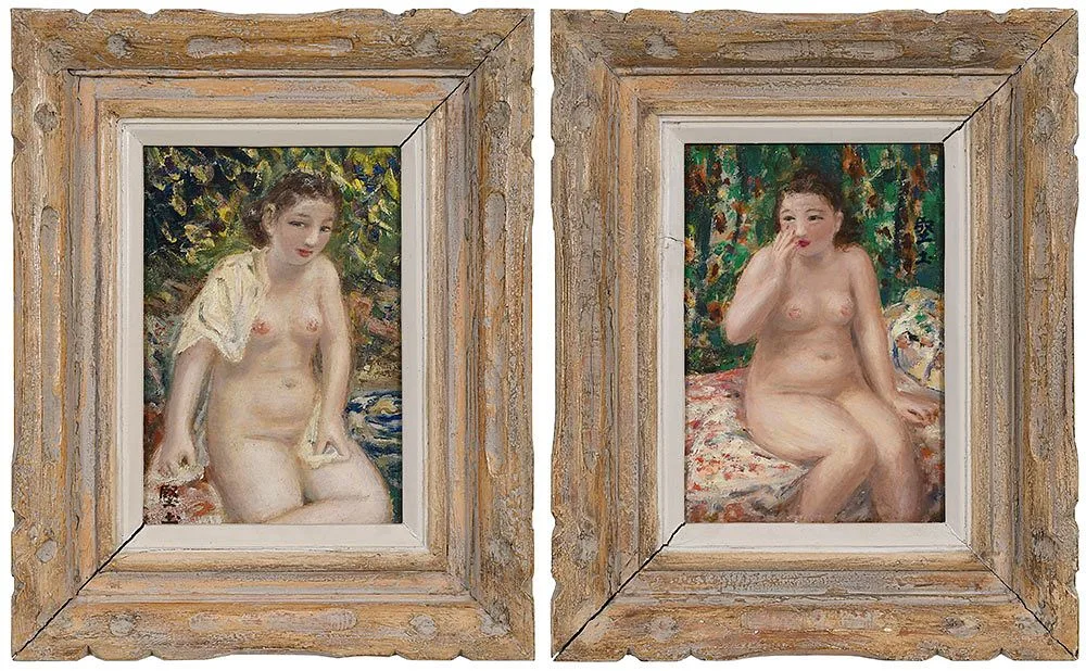 Asaichi Kitajima, A Pair: Nudes in a Garden Space, both signed in Japanese, oil on canvas board