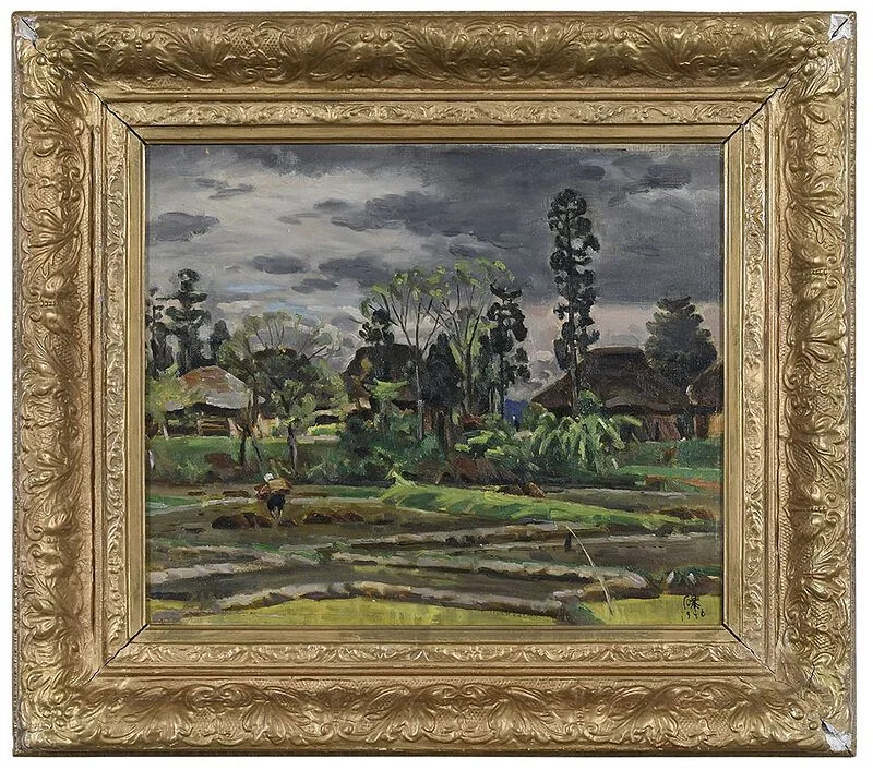 Eiso Okuse, Landscape with Village, oil on canvas